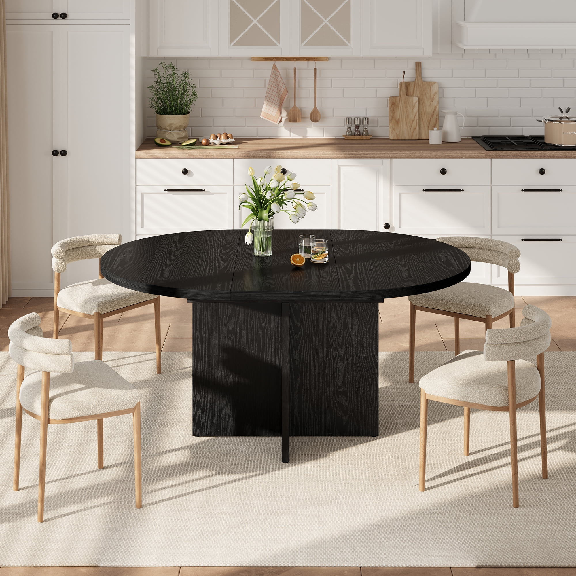 Space-Saving Extendable Round Dining Table for 4-8 – Modern Black Woodgrain, Removable Leaf, Sturdy Cross Wood Base – Woodgrain Black