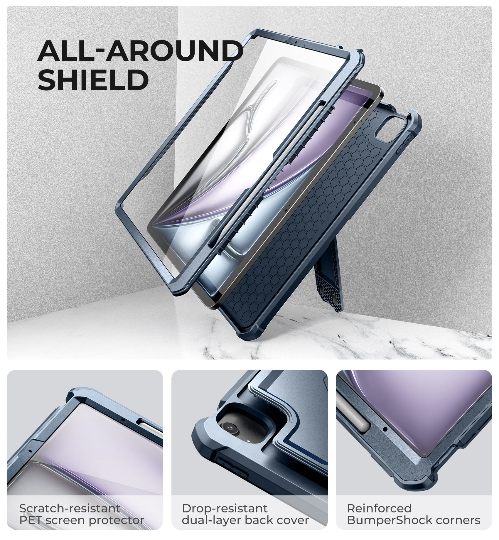 Dexnor for iPad Air 13 Inch Case 2025/2024 (M3/M2) with Pencil Holder, [Built-in Screen Protector & Multi-Angle Kickstand] Heavy Duty Shockproof Full Body Protective Cover for iPad Air 13, Blue