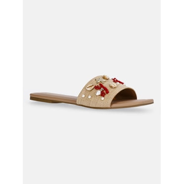 Time and Tru Women's Raffia Shell Slide Sandals