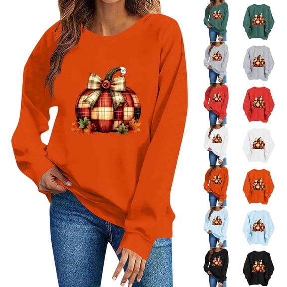 TKLPEHG Womens Thanksgiving Tops Crew Neck Pumpkin Graphic Sweatshirt Long Sleeve Loose Fit Fall Fashion Tops Casual Holiday Pullover (Black,L)