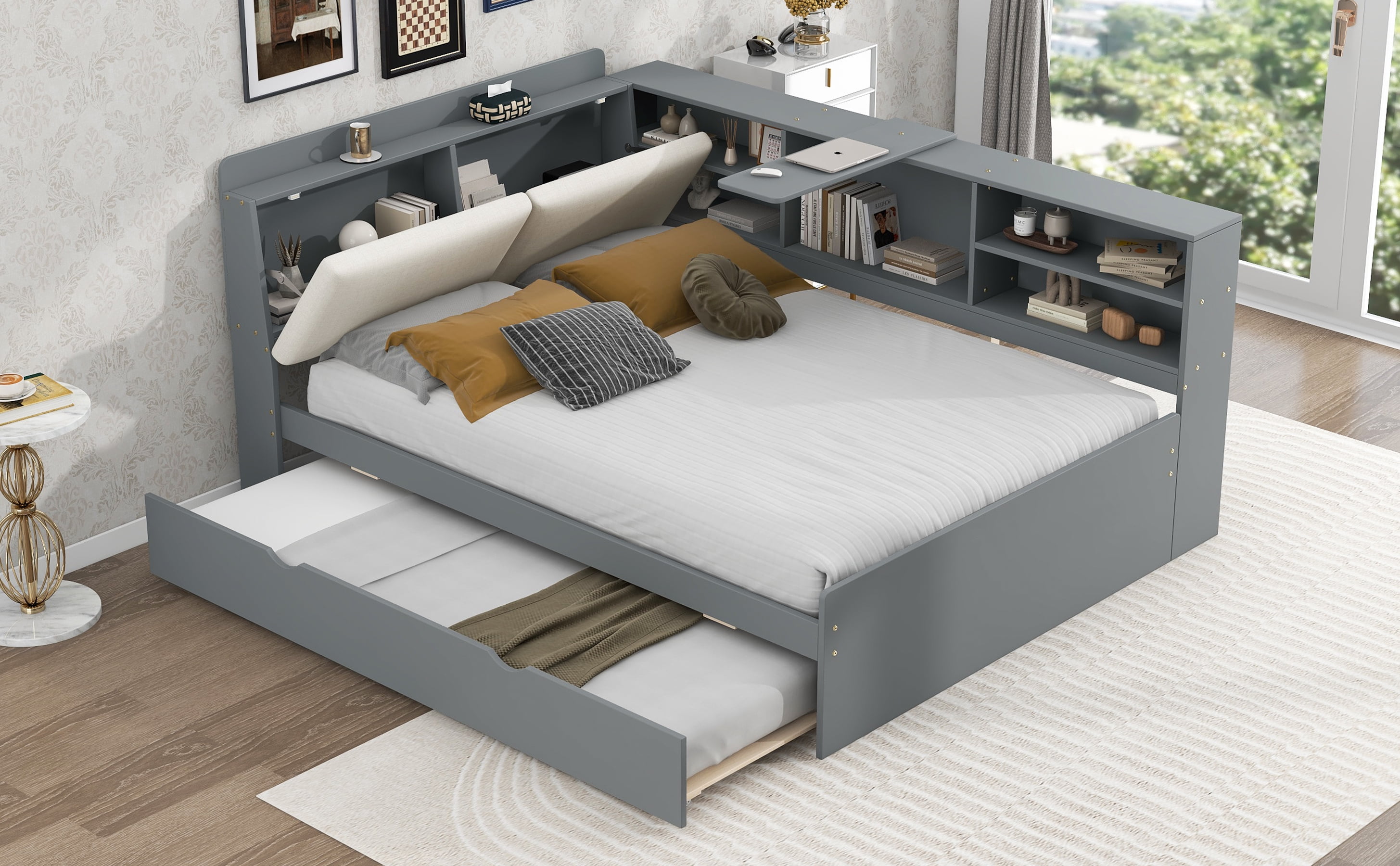 MAYEERTY Wood Full Size platform bed with Trundle, Shelves and Storage Headboard, Gray