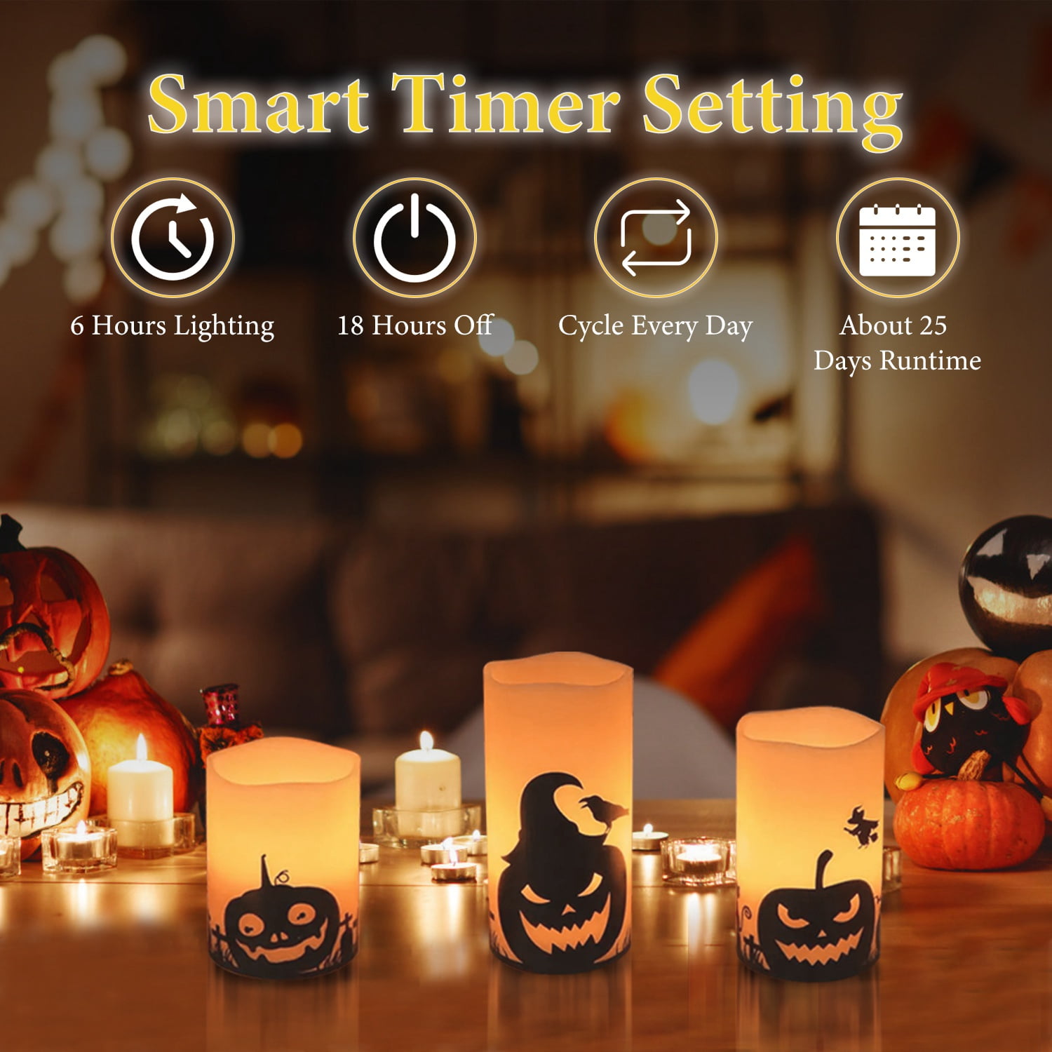 3Pcs Halloween Flameless Warm Orange Light Candle Lamp  Battery Operated Candles w/ Timer Setting