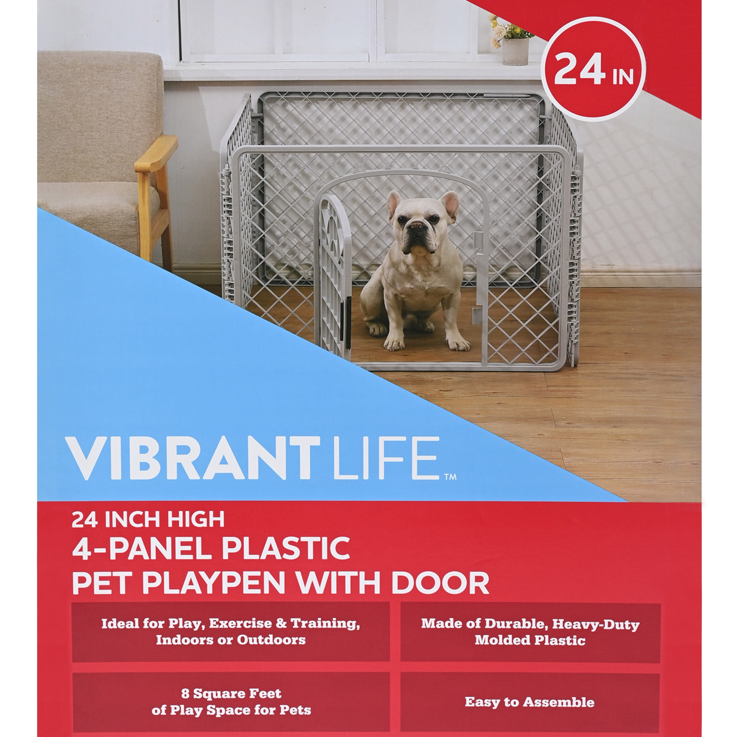 Vibrant Life 4-Panel Pet Playpen, 24”H Dog Fence with Door for Indoor and Outdoor Use