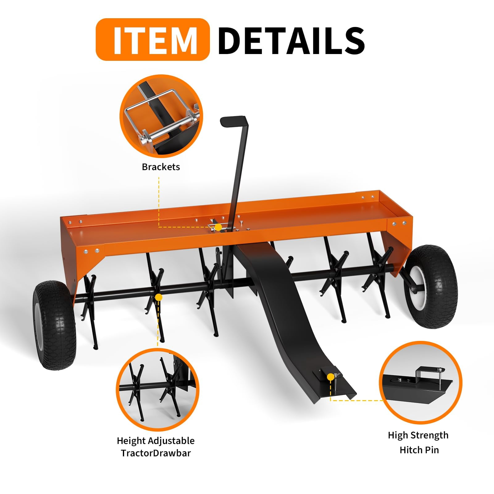 GARVEE 40-Inch Tow Behind Plug Aerator for Lawn Tractor ATV,Heavy Duty Lawn Soil Core Aerator w/ 24 Steel Coring Tines,150 Lb Weight Tray,Universal Hitch,Inflatable Wheels,Orange