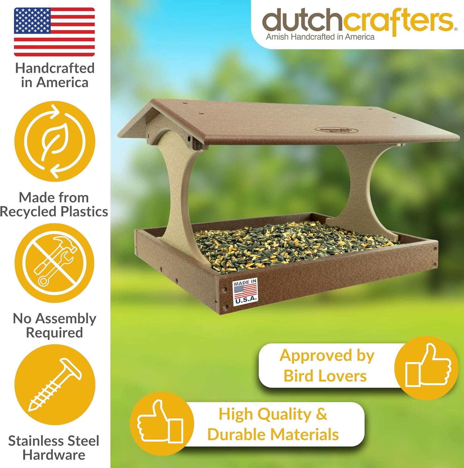 DutchCrafters Amish USA Made Poly Extra Large Fly Through Bird Feeder Post Mount for 4" x 4", Covered Bird Feeder Open Platform Seed Tray for Outdoor, Outside (Tudor Brown & Weatherwood)