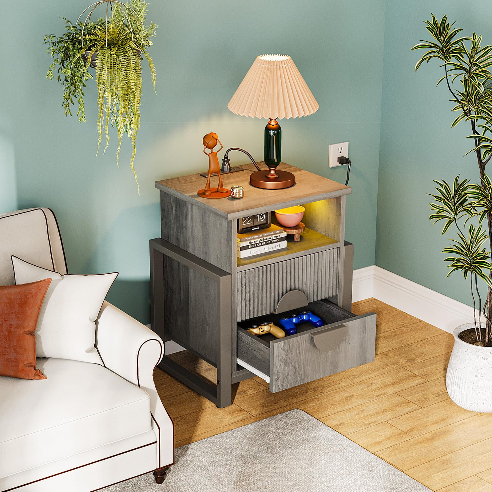 Modern Fluted 2-Drawer Dresser, Side table for Bedroom Living room, Borders H Metal Legs,Gray Wash