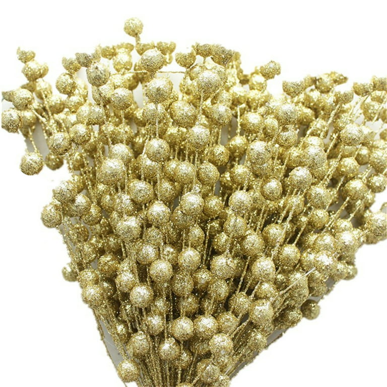 1 Bouquet Beaded Stick Bouquet Realistic Wide Application Plastic Floral String Imitation Pearl Flower Bouquet Sticks for Home, Gold