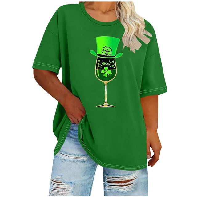 Elvqul Chandails à Col Rond pour Femmes T-Shirts de la Saint-Patrick Grande Taille T-Shirts Graphiques Chandail Stylé à Manches Courtes Hauts pour Dames Vert