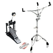 2-Pack Kick Bass Drum Pedal & Snare Drum Stand Set by Griffin Deluxe Double-Chain Foot Pedal with 4-Sided Beater & Adjustable Power Cam Durable Percussion Hardware for Intense Play