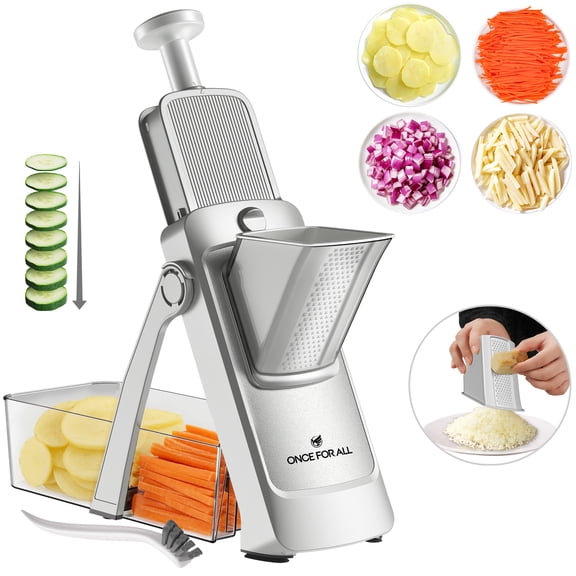 ONCE FOR ALL 5-in-1 Vegetable Slicer with Container - Adjustable Mandoline Chopper, Slicer, Dicer, Grater for Kitchen, Stainless Steel with 0.1-8mm Thickness & Dishwasher Safe Food Prep Tool