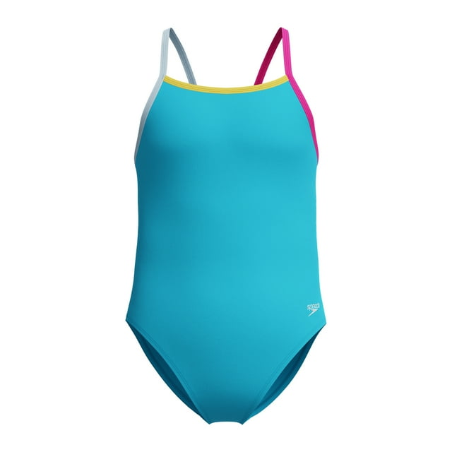 Speedo Girl's UV Protection Printed Colour Block Thin Strap Two Piece Bikini Set Swimsuit - Mandarin Peel, Size 10