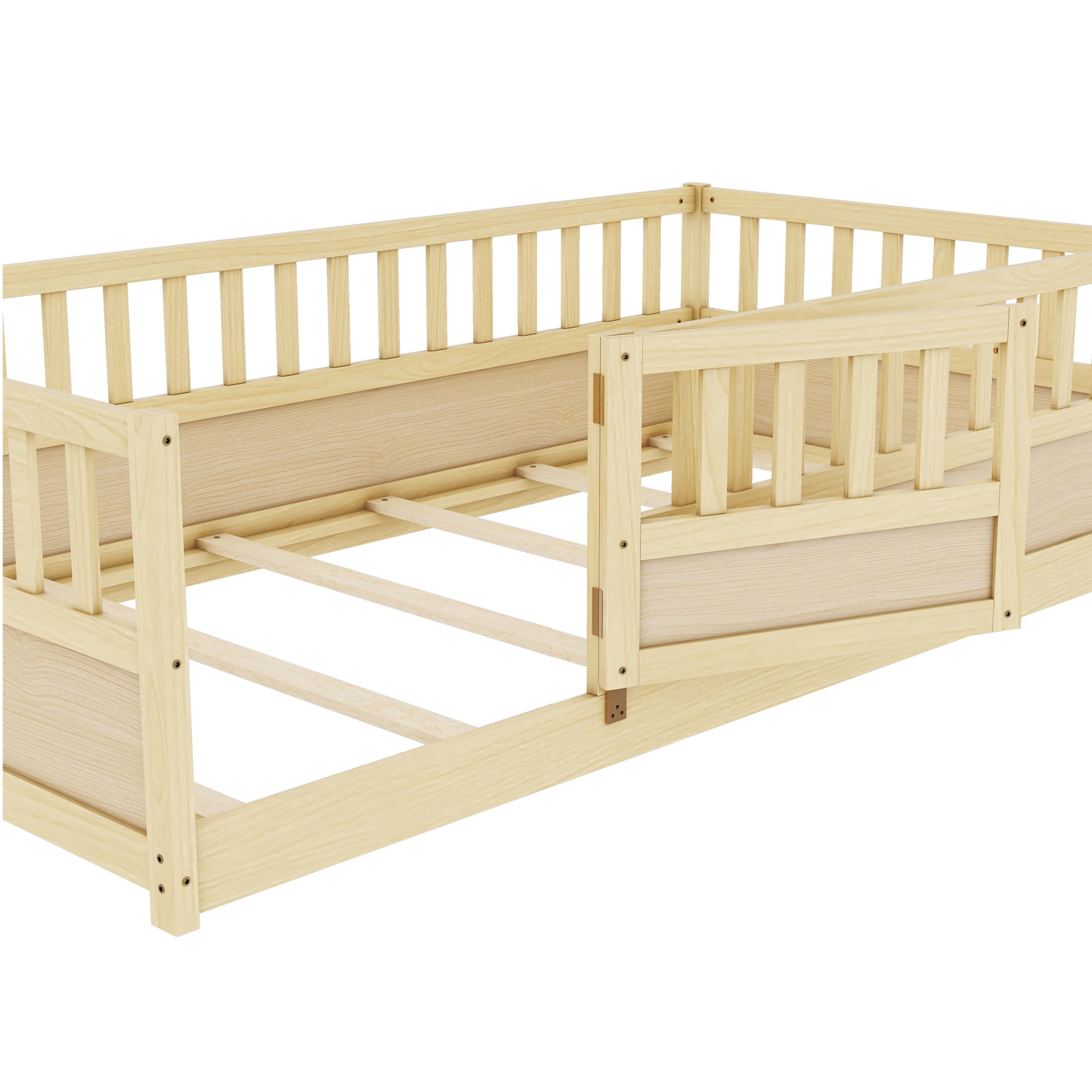 Noble House Twin Size Montessori Floor Bed with Guardrails and Door, Wood Kids Bed Frame, Natural