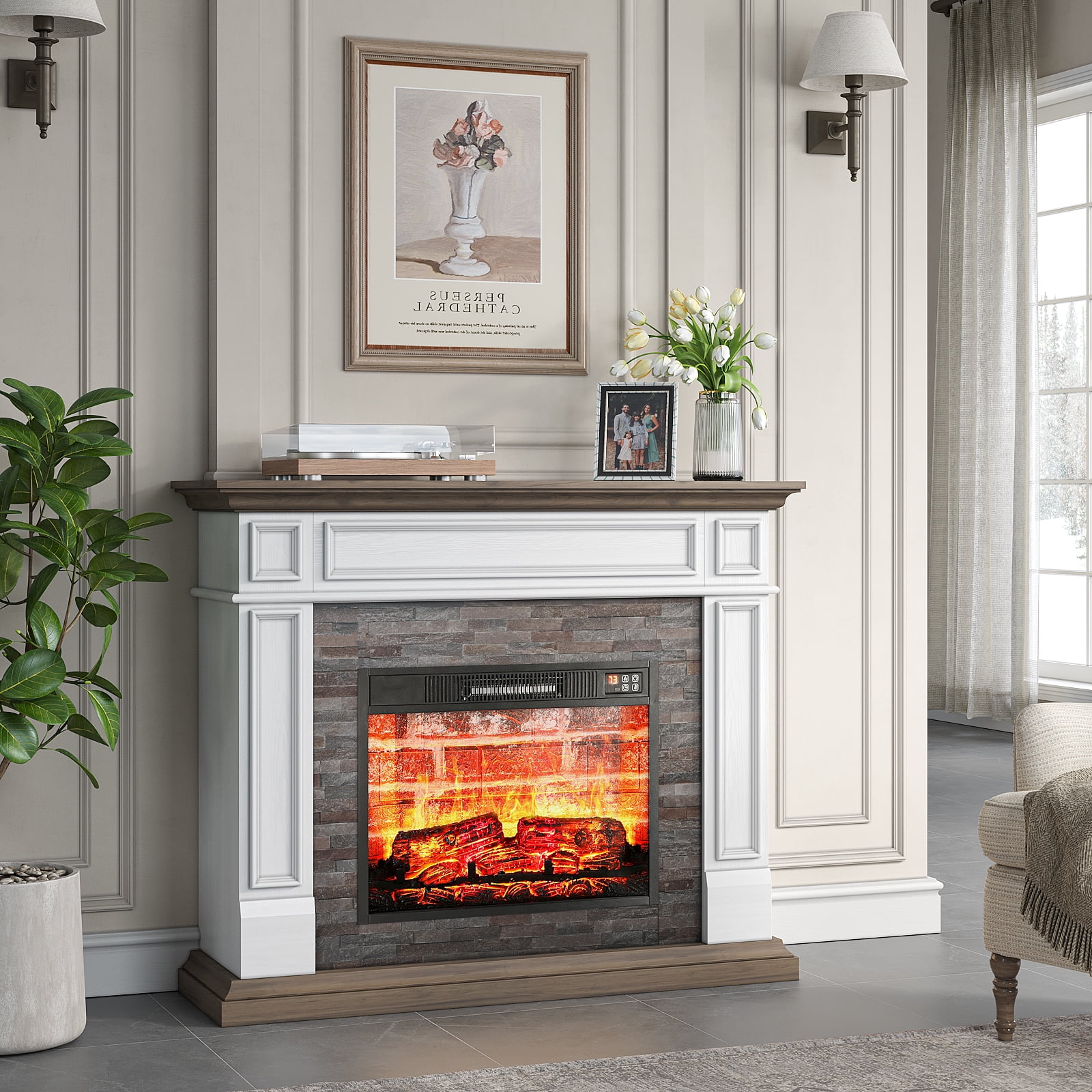 LGHM 44" Electric Fireplace Mantel Package Wooden Stacked Stone Surround Free Standing Electric Fireplace Heater with Adjustable Led Flame, Remote Control, Brown