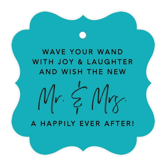 Koyal Wholesale Aqua Fancy Frame Wedding Ribbon Wand Favor Tags, Wave Your Wand With Joy & Laughter, 96-Pack