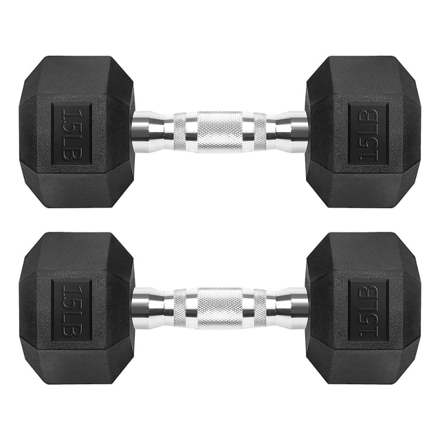 Mancuernas de hierro fundido con revestimiento de goma negra hexagonal de 15 libras (7 kg) x 2