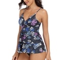 thumbnail image 2 of Traje de baño Tankini con cuello en V, correa de espagueti, impresión digital, traje de baño transpirable de dos piezas para surf, fiesta en la playa, parte superior de hojas y fondo negro XXL, 2 of 8