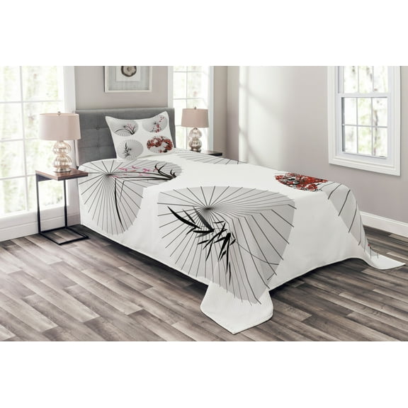 Ambesonne Japanese Quilted Bedspread Set 2 Pcs, Floral Art on Umbrella, Twin Size, White and Red