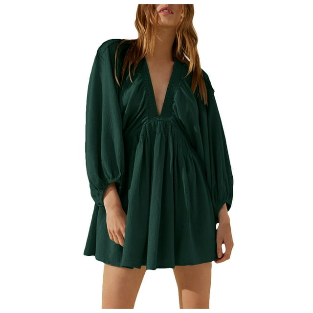 TJAZFJPA Robes Courtes pour Femmes Femmes Aguichant à Manches Longues à Col en V Robe à Taille Décontractée Ample Fluide Robe Mini Robes Femmes Hiver Longues Robes de Soirée pour Femmes