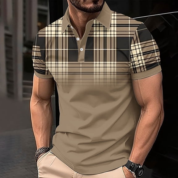 EWASWON Product Name: Men's Classic Polo Shirt, Short Sleeve Button-Down Collar, Plaid Print & Breathable Cotton Blend, Casual & Business Attire,Khaki,Size 2XL
