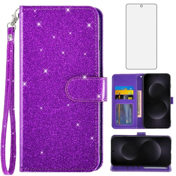 Asuwish Compatible with Samsung Galaxy S25 Edge 5G Wallet Phone Case and Tempered Glass Screen Protector Flip Credit Card Holder Stand Bling Glitter Cell Cover for S25Edge 25S 2025 Women Men Purple