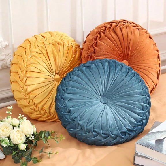 3 Pcs Round Throw Pillows Decorative Velvet Pleated Throw Pillows 15'' Diameter Accent Pumpkin Boho Chair Cushion for Couch Sofa Home Decoration
