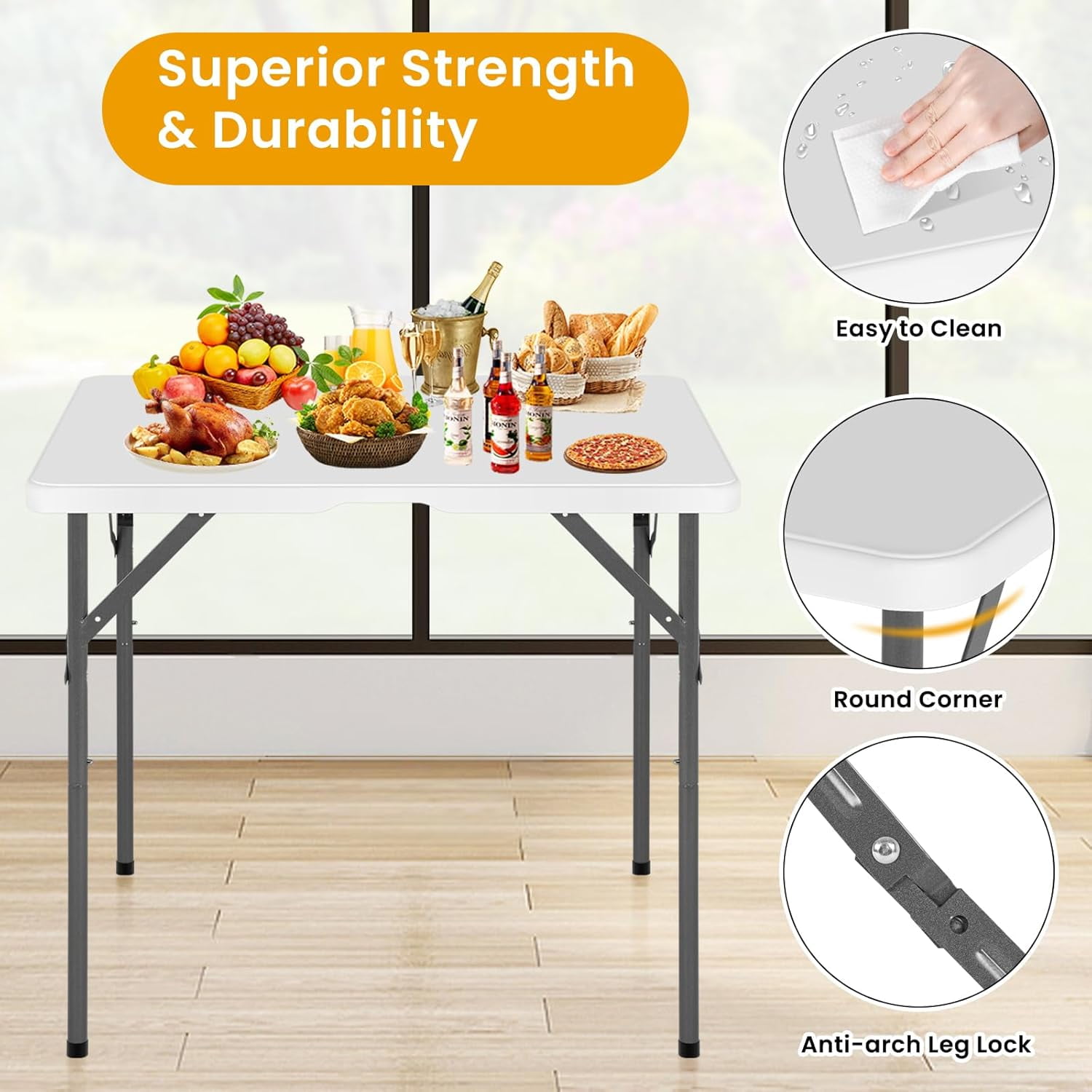 Dkelincs 34" Square Folding Card Table with Handle, Portable Plastic Foldable Table for Dining, Camping, Party, Picnic(White)