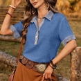 thumbnail image 5 of Miluxas Women's Summer Short Sleeve Tops Button-Up Collared Shirts with Linen and Denim Contrast Collar Trendy Business Casual Tunic Blouse Blue, 5 of 8