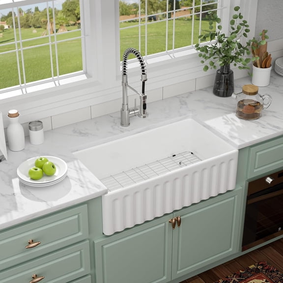 33" White Farmhouse Sink - 33"x18"x10" Apron Front Fireclay Kitchen Sink Single Bowl Ceramic Porcelain Sinks with Country Style