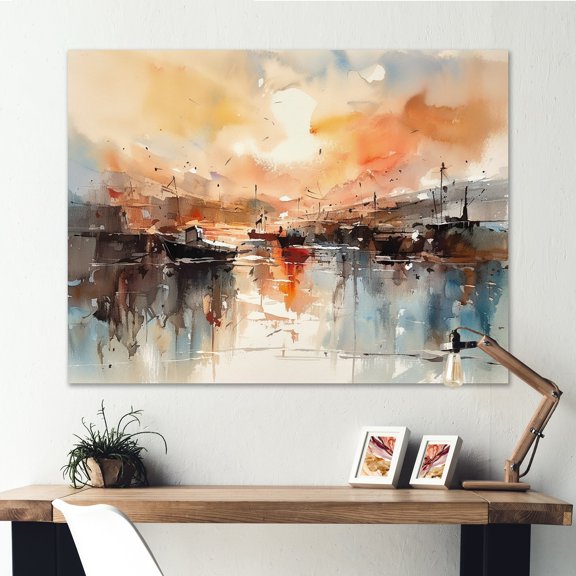 Designart "Orange And Brown Harbor Reflections" Coastal Boat Canvas Art Print