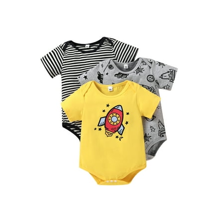 

Amuver Newborn Baby Three Pieces Romper Outfits Short Sleeve Pattern Printed Round Neck Bodysuit Casual Simple Style Playsuit