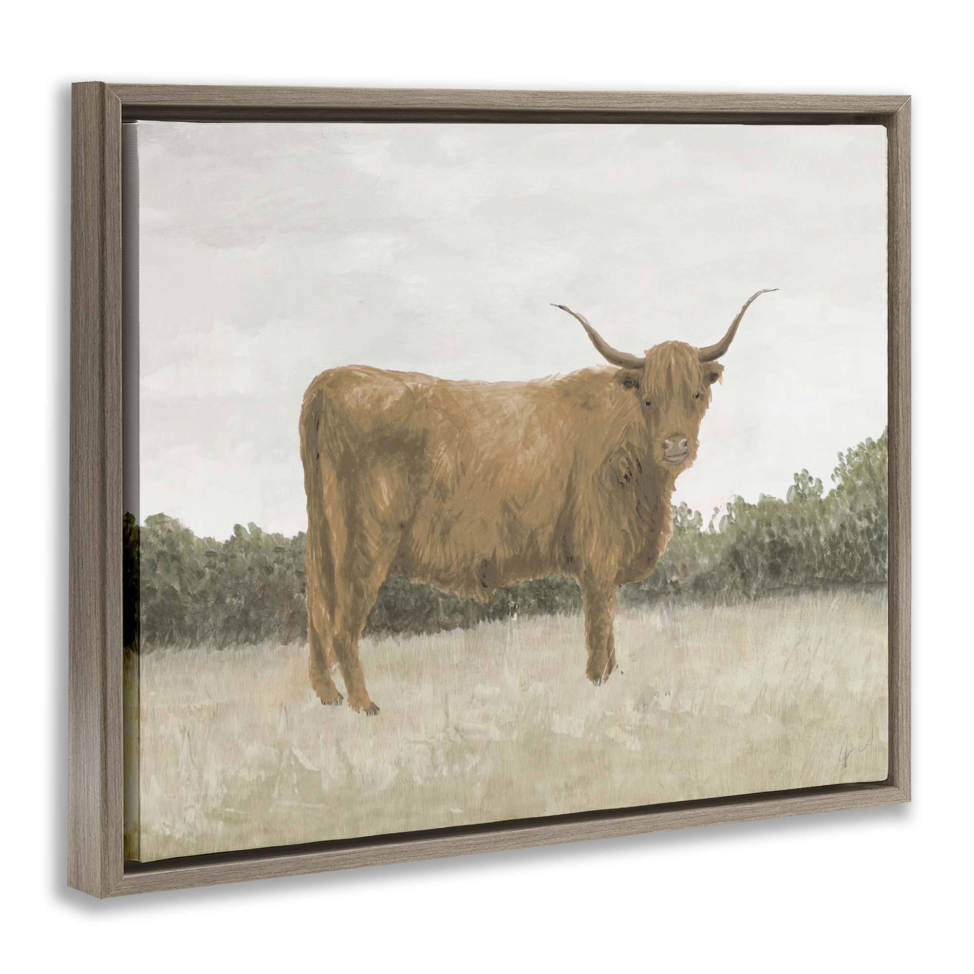 Stupell Industries Brown Cattle Gazing Animals & Insects Painting Brown Floater Framed Canvas Art Print Wall Art, 31 x 25