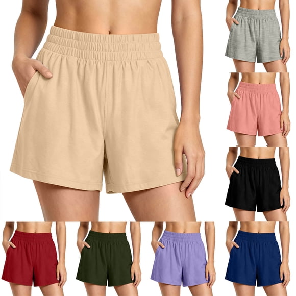 Sentmoon Workout Shorts Mid Waist Shorts for Women Stretchy Solid Color Regular Fit Hiking Shorts with Pockets Trendy for Date Night and Dinner Vacation Essentials for Women S-3XL