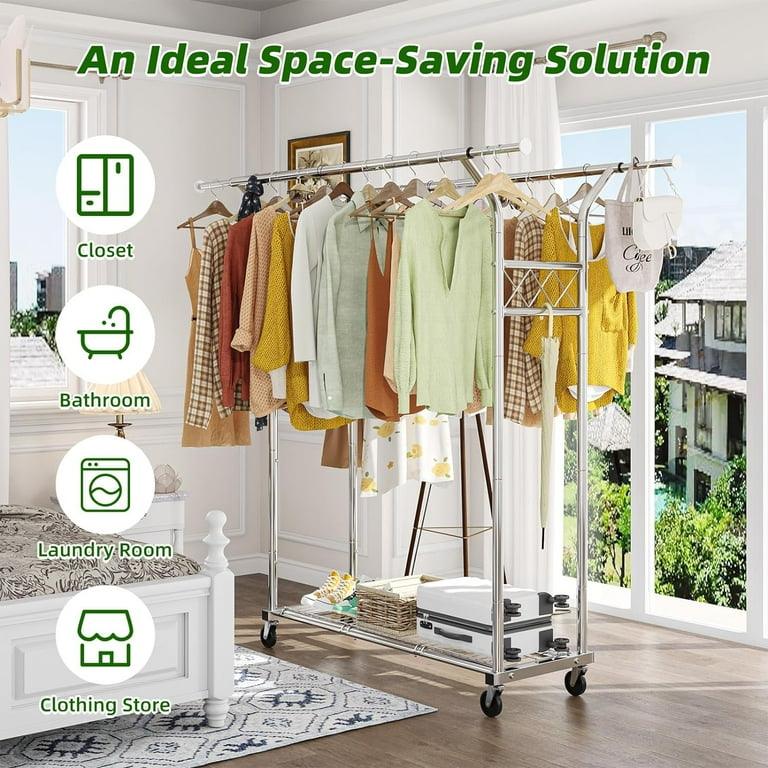 Simple Trending Heavy Duty Double Rod Clothes Rack Load 450 LBS Metal Commercial Garment Rack Standing Rolling Clothing Rack for Hanging Clothes with Sturdy Wheels Shelves Chrome Walmart