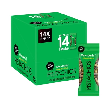 Wonderful Pistachios No Shells, OKA4 Jalapeño Lime Nuts, 0.75 Ounce Bags (Pack of 14), Protein Snacks, Gluten Free, On-the-Go, Individually Wrapped Healthy Snack