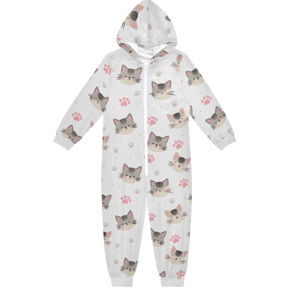 Flower Cat Footprint Pattern One Piece Pajamas Soft Jumpsuit Cozy Sleep and Play Romper Zipper and Pockets 4T