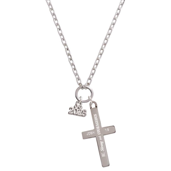 Delight Jewelry Silvertone Mini Year 2028 Be Strong and Courageous Engraved Cross Zoey Necklace, 28"