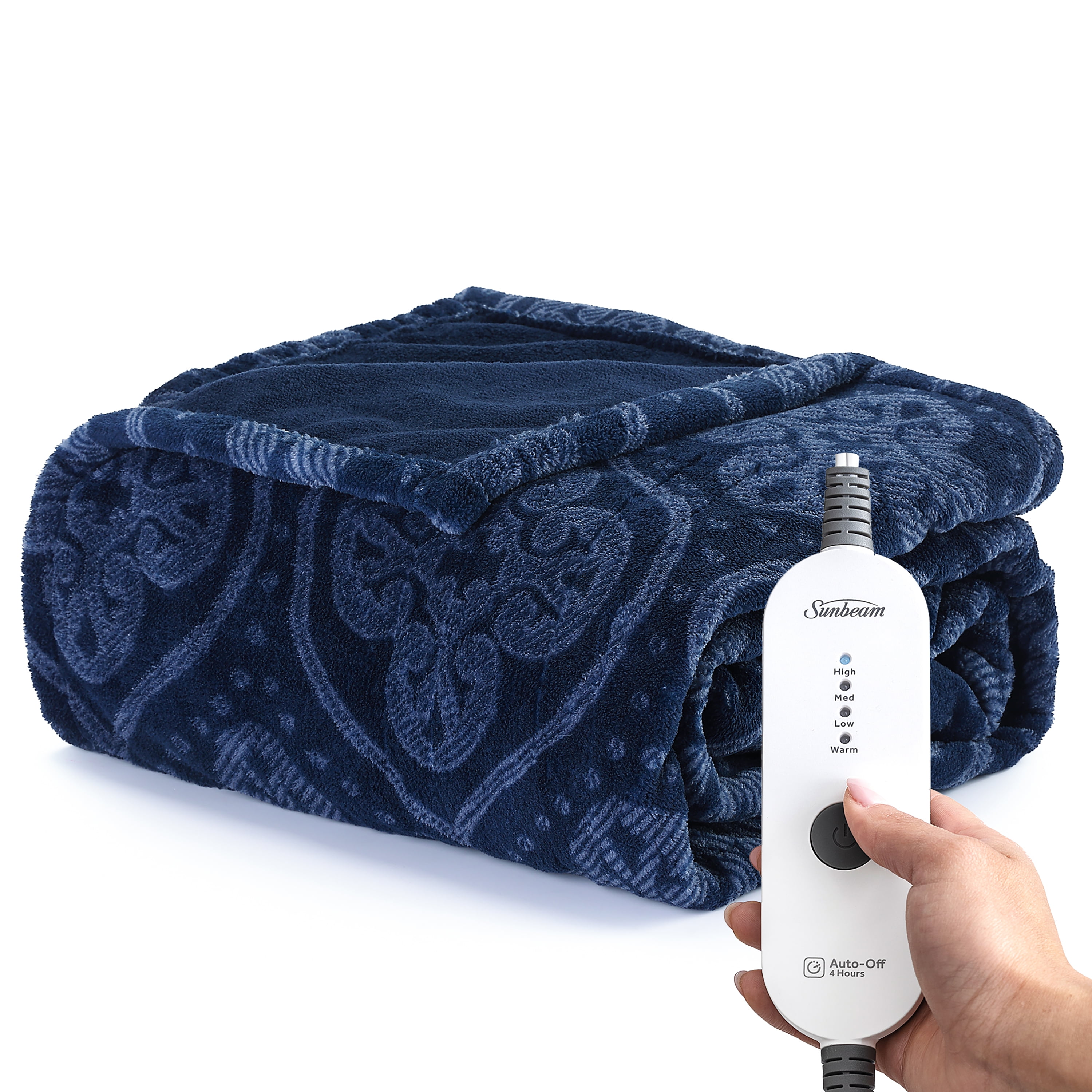 Sunbeam Folk Foliage Navy Foot Pocket Ultralush Heated Throw