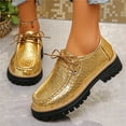 thumbnail image 2 of Lace up Loafers for Women Trendy Stitching Round Toe Walking Shoes Lug Sole Chunky Heel Casual Dress Shoes Gold Size 7, 2 of 6