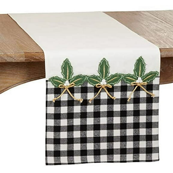 Fennco Styles Buffalo Plaid Holly Holiday Table Runner 16" W x 72" L - Black & White Table Cover for Home, Dining Table, Christmas Décor, Banquet, Family Gathering and Special Occasion