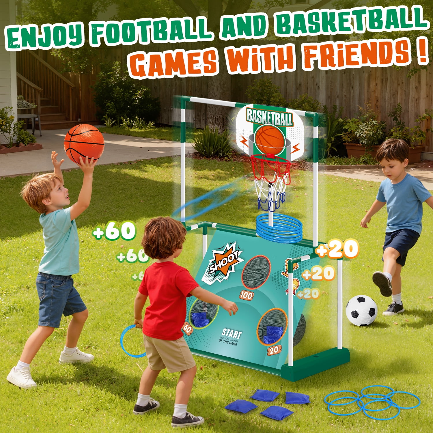 Huge Wave 5-in-1 Soccer Set for Boys Ages 3-8, Mobile Football Goal, Basketball, Indoor/Outdoor Games Toys for Kids Boys Girls, Christmas Birthday Gifts