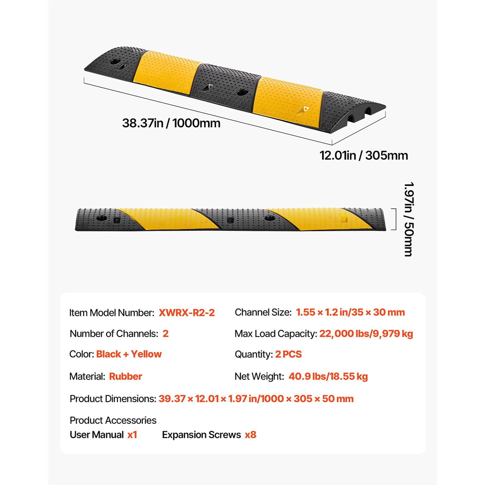 Heavy Duty 2-Channel Rubber Speed Bump (2-Pack) - 40" Length, 22,000 lb Axle Capacity, with Cable Protection Channels and Expansion Screws for Driveways, Roads, Asphalt & Concrete Surfaces