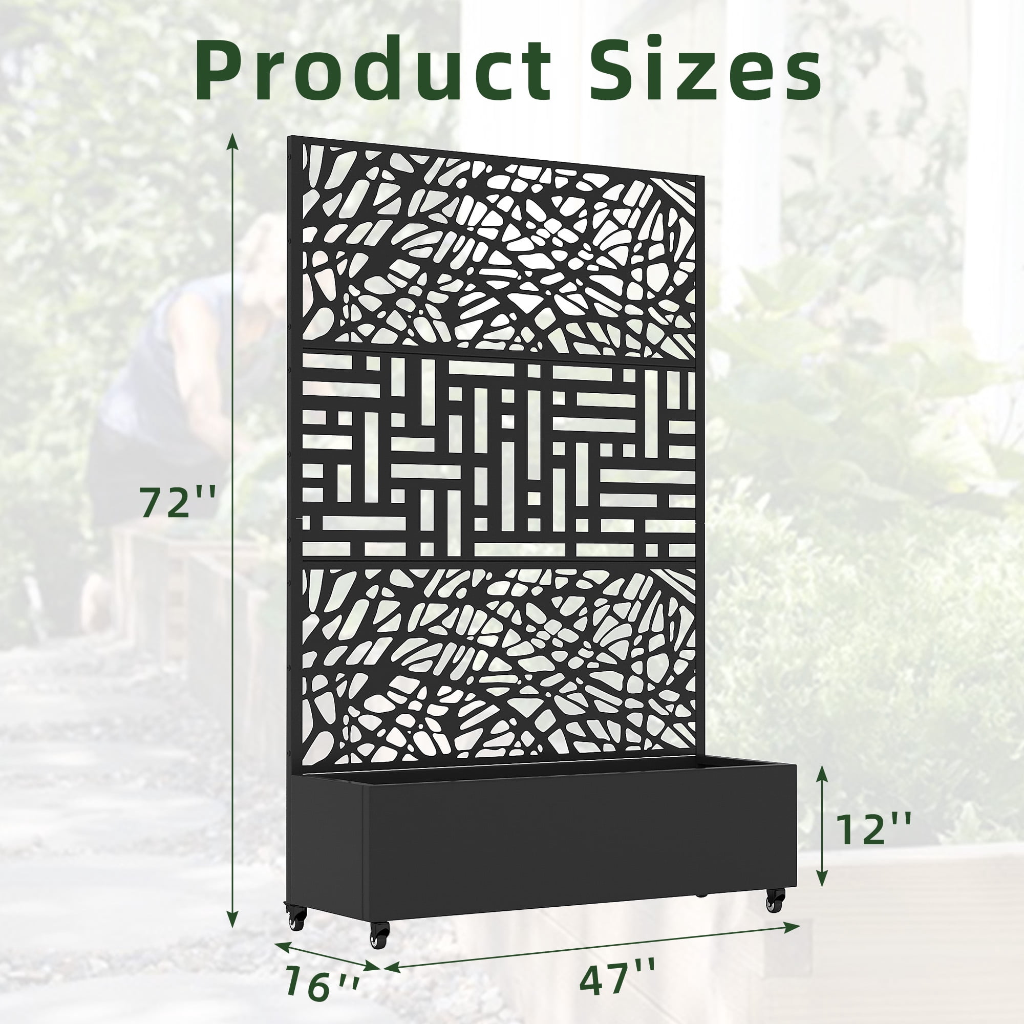 MAYEERTY 47*16*72" Outdoor Black Metal Planter Box with Trellis for Climbing Plants, Vine & Street Pattern