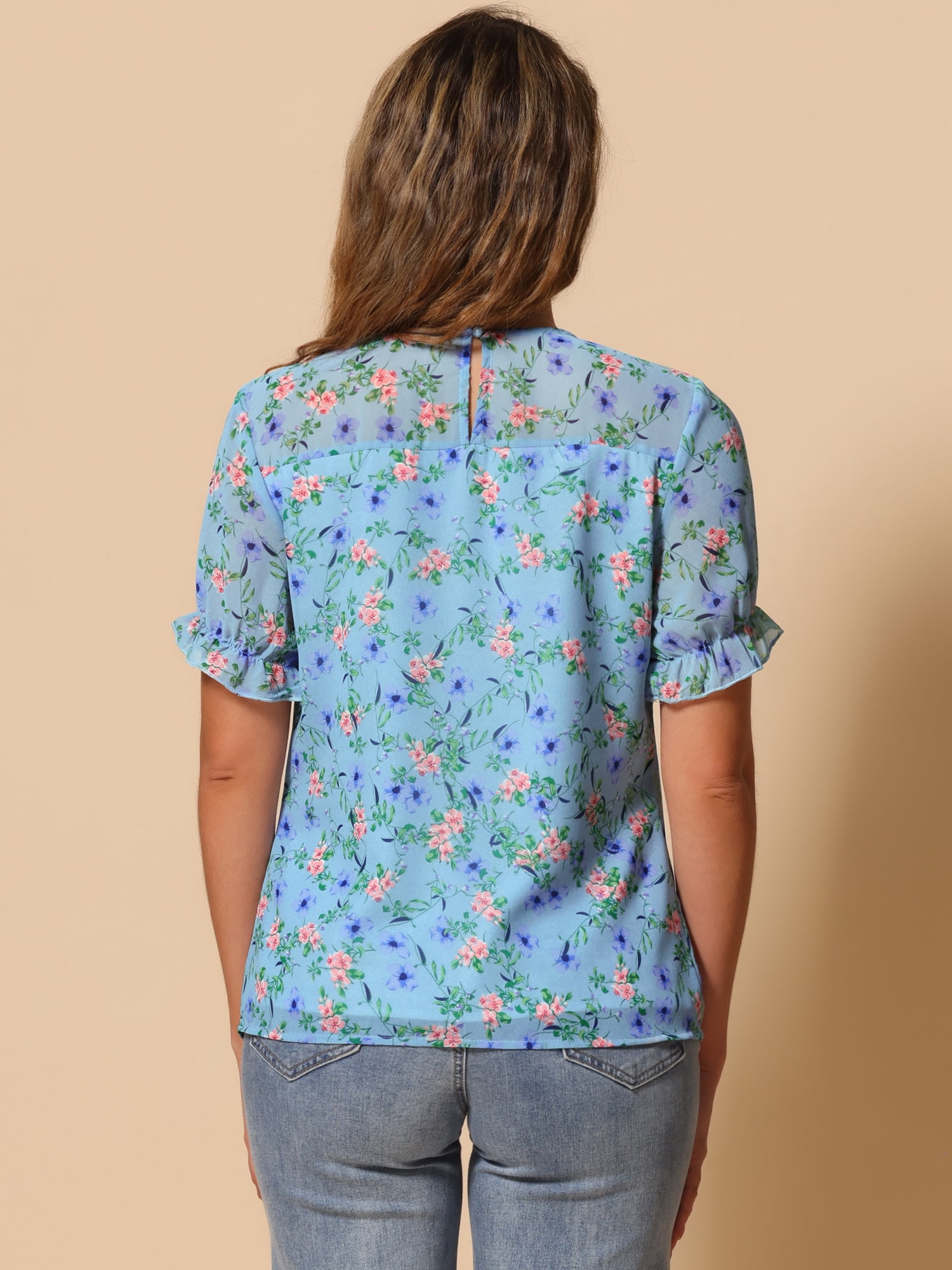 DARING DIVA Short Sleeve Ruffled Trim Floral Blouse XS Sky Blue