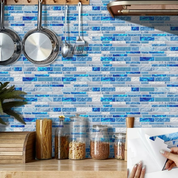 12 Pcs Peel and Stick Tile Stickers Blue Gray Marble Bricks 9.68 x 4.72inches DIY Decor Wall Decals for Kitchen Bathroom