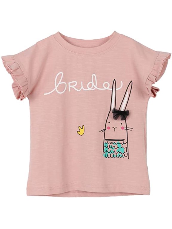 Little Girls Casual Bunny Rabbit Tee Short Flutter Sleeve Roundneck Summer T-Shirts Pink 6-7 Years