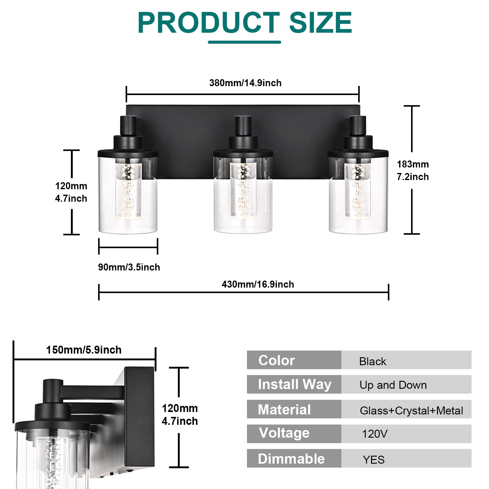 Melucee 5CCT Dimmable LED Black Vanity Lights 3-light, Modern Vanity Lighting Fixtures with Crystal Light Columns and Clear Glass for Bathroom Bedroom