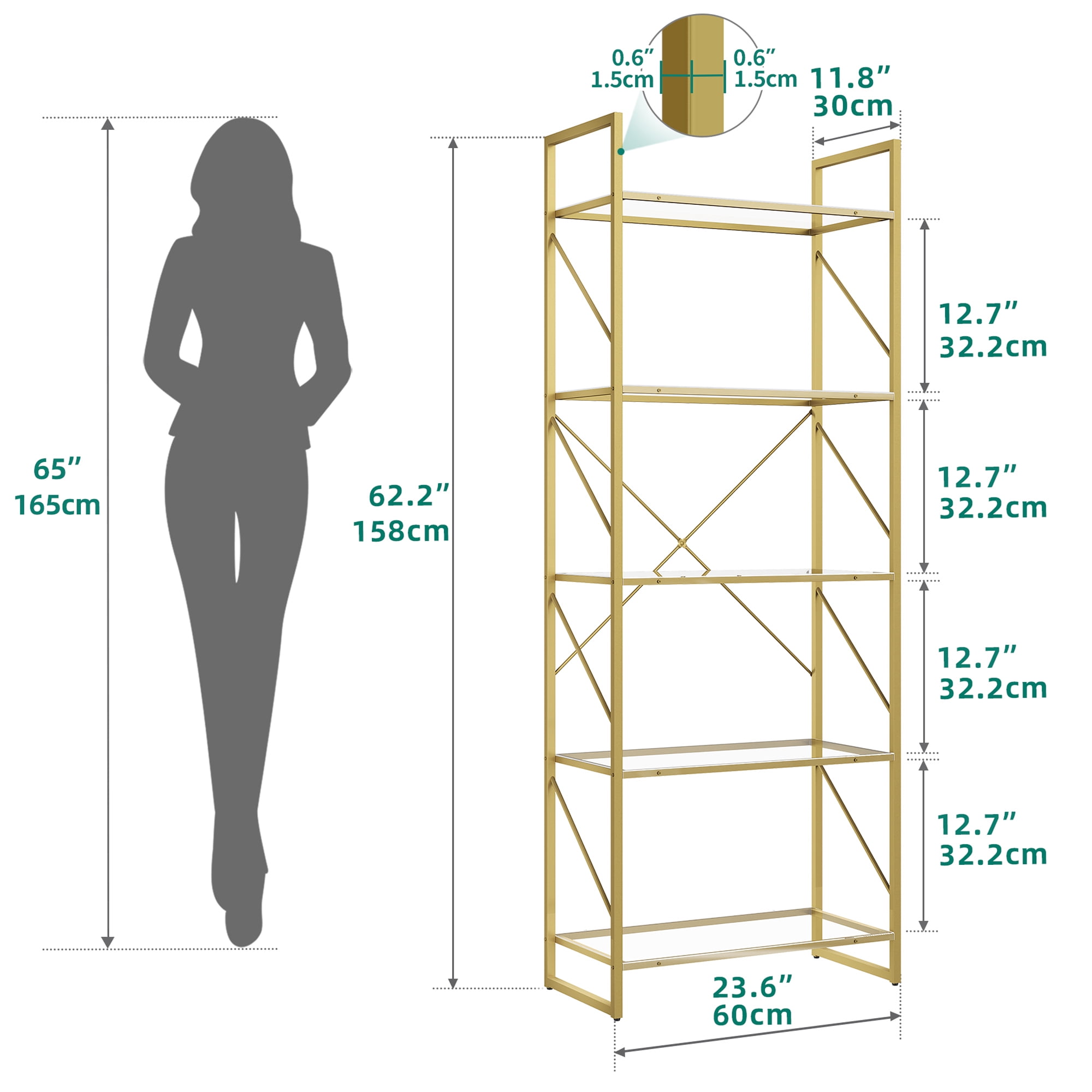 Dextrus 5-Tier Gold Bookshelf, Modern Free Standing Storage Shelf with Metal Frame,Display Shelf Storage Rack for Living Room, Acrylic and Gold Finish