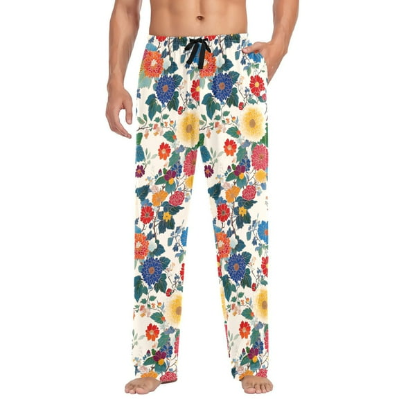 FORMRS Mens Pajama Pants with Pockets Cotton Sleepwear Lounge Bottoms Sizes S-2XL, Red Japanese Floral Pattern