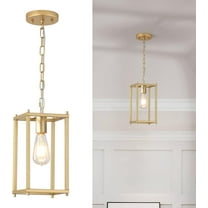 LMQNINE Square  Pendant Light Lantern Chandelier Gold Cage with Adjustable Chain for Kitchen Island, Dining Room, Entryway Lighting (1-Pack)