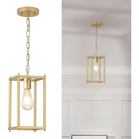 LMQNINE Square  Pendant Light Lantern Chandelier Gold Cage with Adjustable Chain for Kitchen Island, Dining Room, Entryway Lighting (1-Pack)